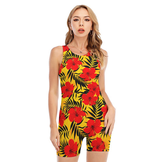 Hawaiian Hibiscus Flowers Pattern Print Sleeveless One Piece Swimsuit