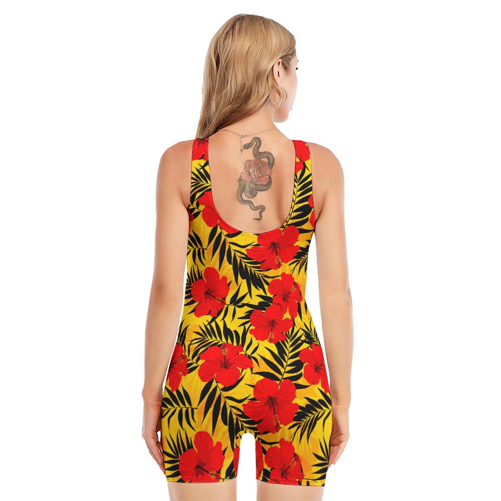 Hawaiian Hibiscus Flowers Pattern Print Sleeveless One Piece Swimsuit