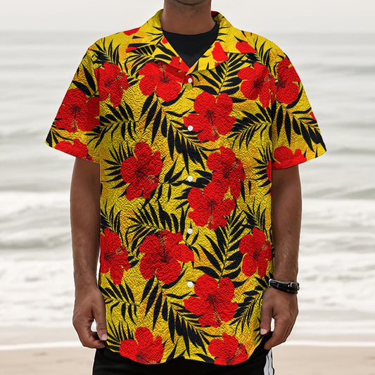 Hawaiian Hibiscus Flowers Pattern Print Textured Short Sleeve Shirt