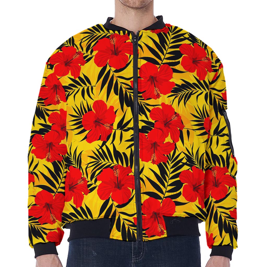 Hawaiian Hibiscus Flowers Pattern Print Zip Sleeve Bomber Jacket