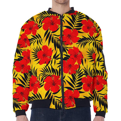 Hawaiian Hibiscus Flowers Pattern Print Zip Sleeve Bomber Jacket