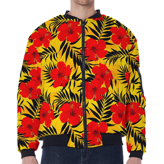 Hawaiian Hibiscus Flowers Pattern Print Zip Sleeve Bomber Jacket