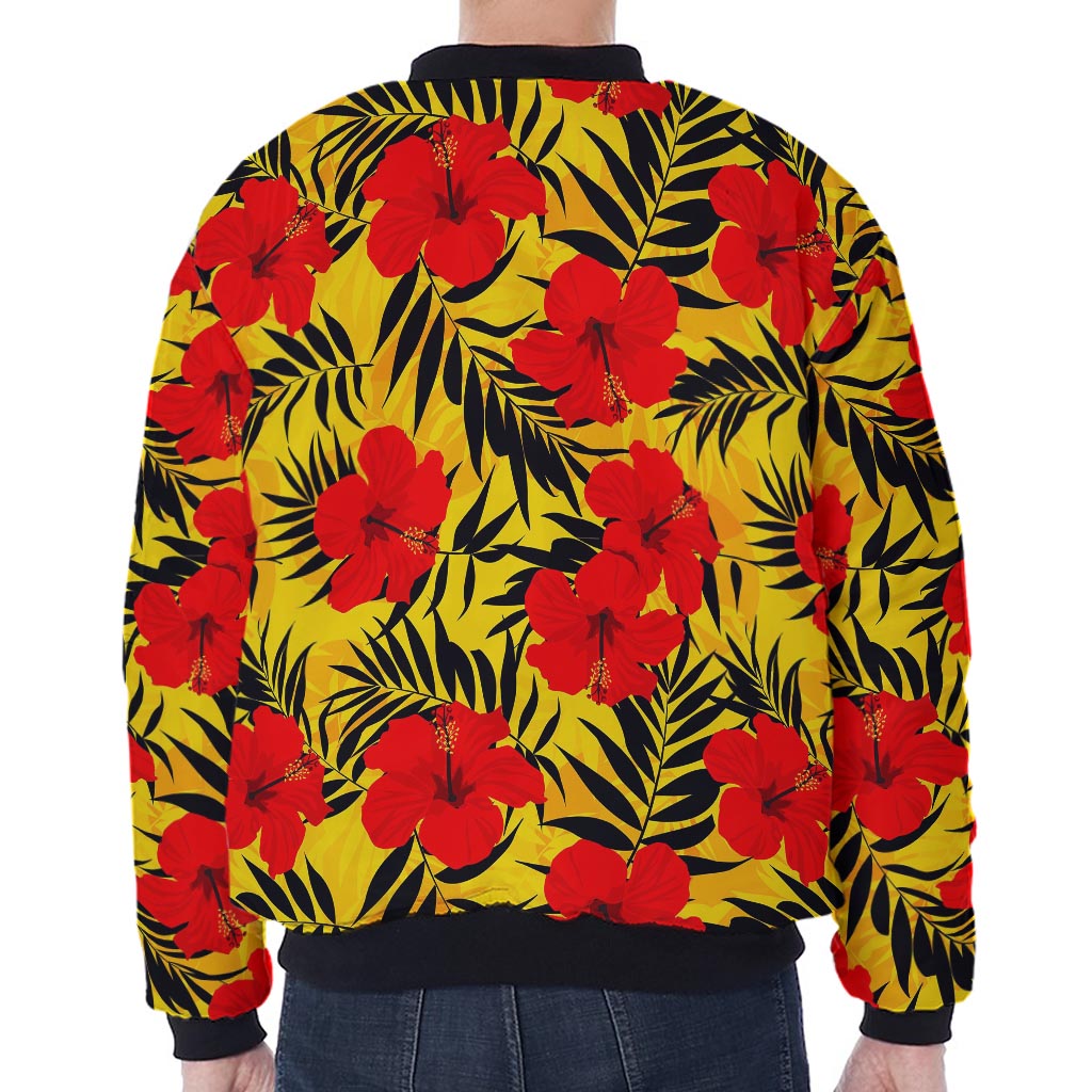 Hawaiian Hibiscus Flowers Pattern Print Zip Sleeve Bomber Jacket