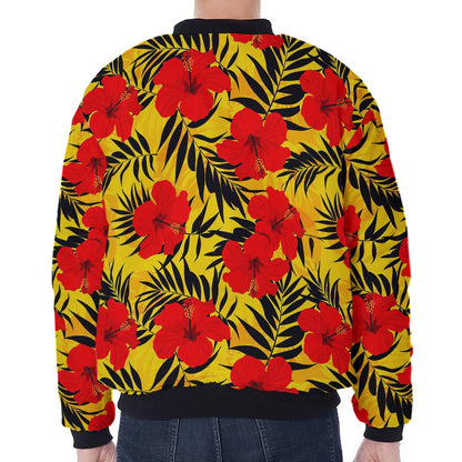 Hawaiian Hibiscus Flowers Pattern Print Zip Sleeve Bomber Jacket