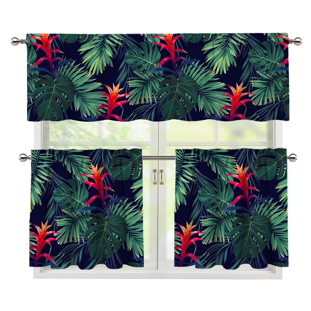 Hawaiian Palm Leaves Pattern Print 3 Piece Kitchen Curtains