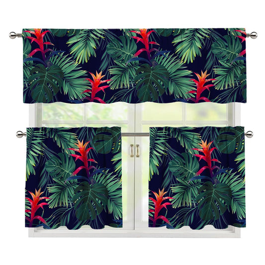 Hawaiian Palm Leaves Pattern Print 3 Piece Kitchen Curtains