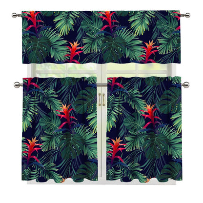 Hawaiian Palm Leaves Pattern Print 3 Piece Kitchen Curtains
