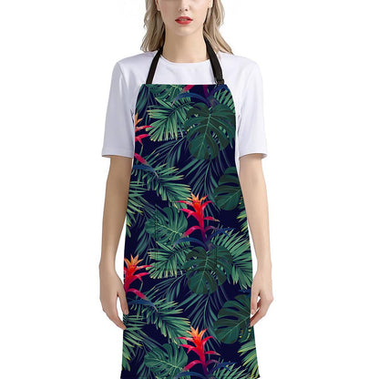 Hawaiian Palm Leaves Pattern Print Bib Apron With Pocket