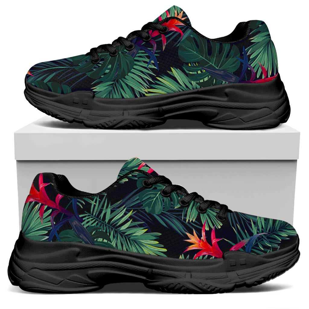 Hawaiian Palm Leaves Pattern Print Black Chunky Shoes