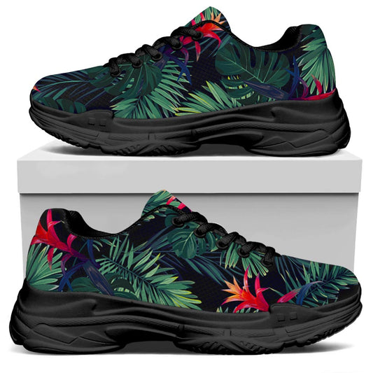 Hawaiian Palm Leaves Pattern Print Black Chunky Shoes