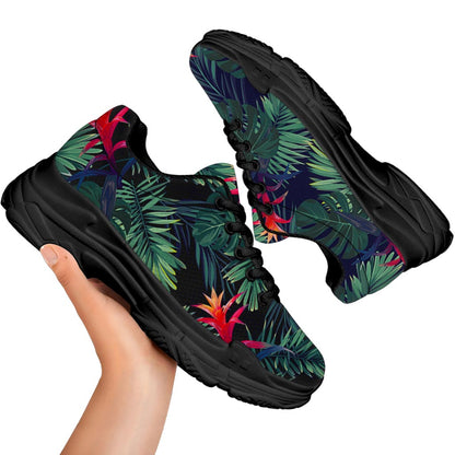 Hawaiian Palm Leaves Pattern Print Black Chunky Shoes