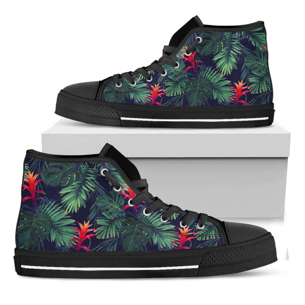 Hawaiian Palm Leaves Pattern Print Black High Top Sneakers