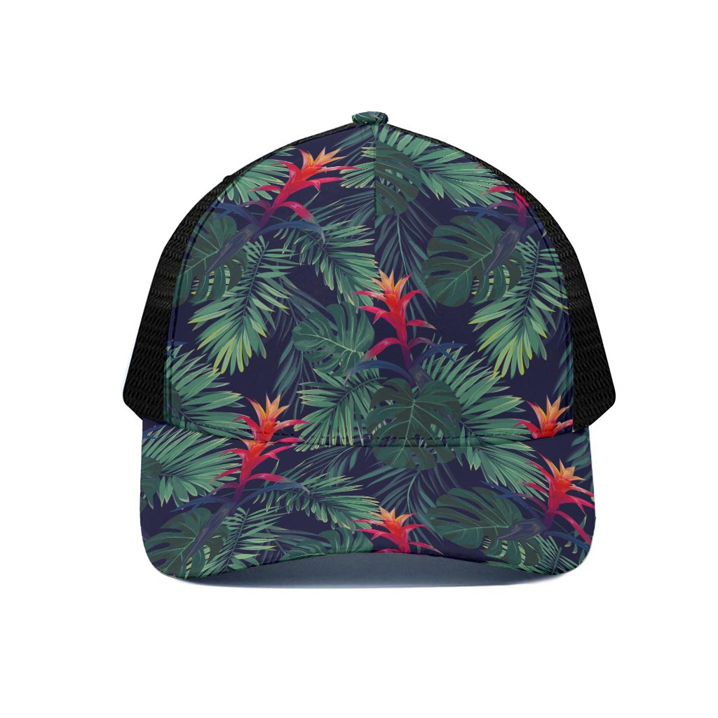 Hawaiian Palm Leaves Pattern Print Black Mesh Trucker Cap