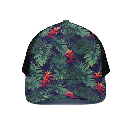 Hawaiian Palm Leaves Pattern Print Black Mesh Trucker Cap