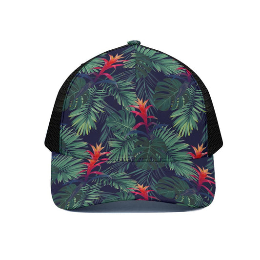 Hawaiian Palm Leaves Pattern Print Black Mesh Trucker Cap