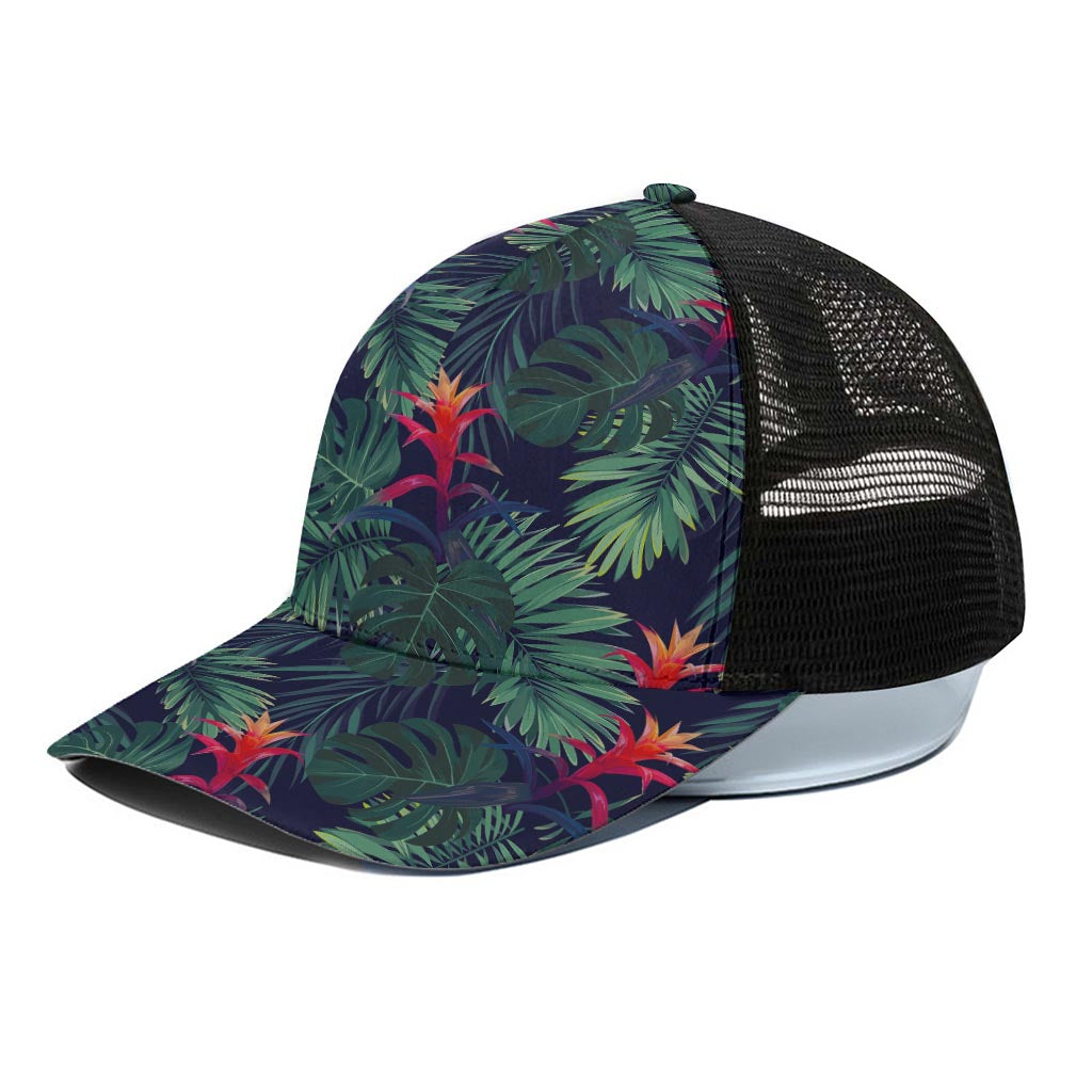 Hawaiian Palm Leaves Pattern Print Black Mesh Trucker Cap
