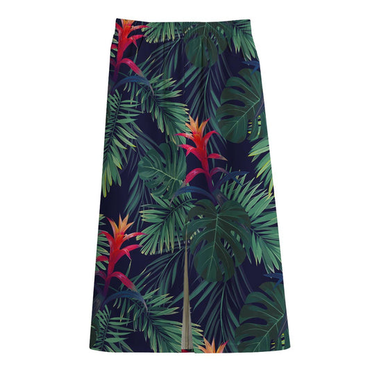 Hawaiian Palm Leaves Pattern Print Cotton Front Slit Maxi Skirt