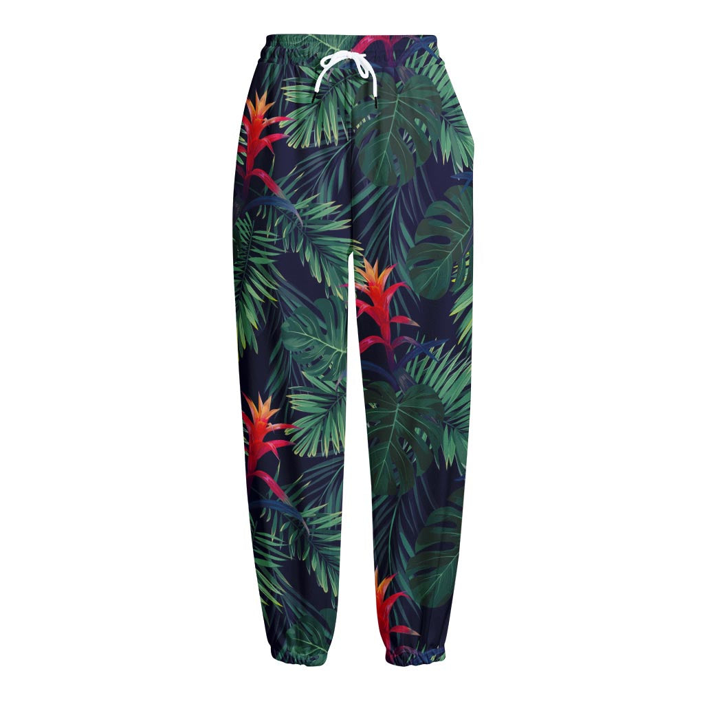 Hawaiian Palm Leaves Pattern Print Fleece Lined Knit Pants