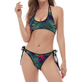 Hawaiian Palm Leaves Pattern Print Halter Scoop Tie Side Bikini
