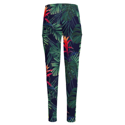 Hawaiian Palm Leaves Pattern Print High-Waisted Pocket Leggings