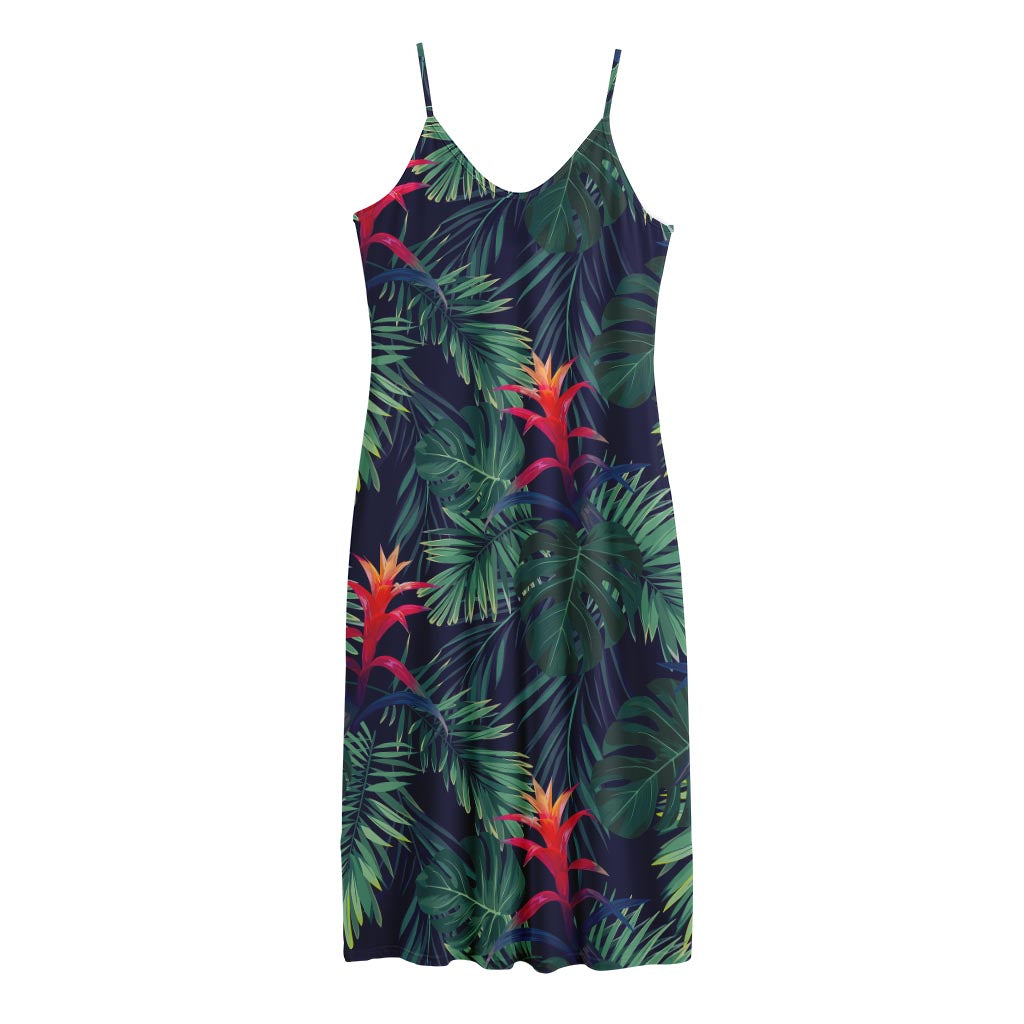 Hawaiian Palm Leaves Pattern Print Jersey Midi Cami Dress