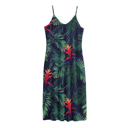 Hawaiian Palm Leaves Pattern Print Jersey Midi Cami Dress