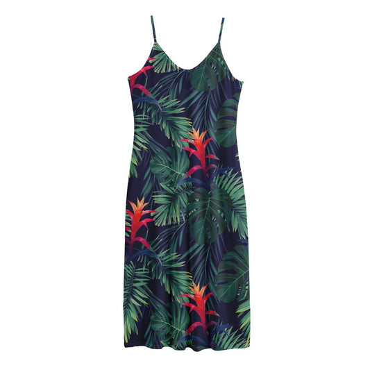 Hawaiian Palm Leaves Pattern Print Jersey Midi Cami Dress