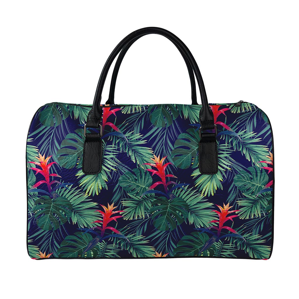 Hawaiian Palm Leaves Pattern Print Leather Duffle Bag