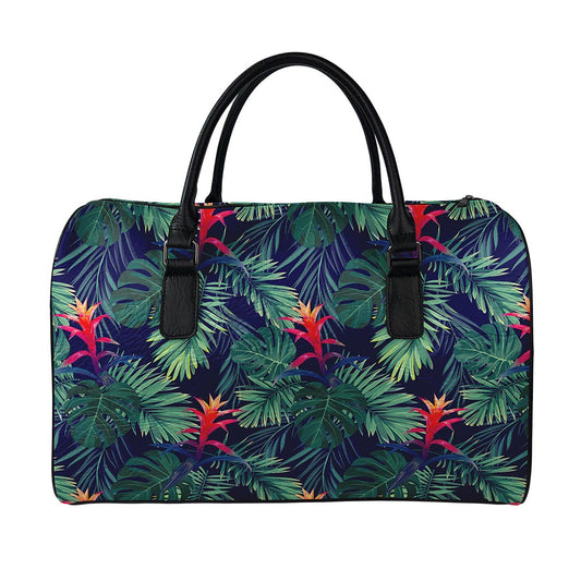 Hawaiian Palm Leaves Pattern Print Leather Duffle Bag