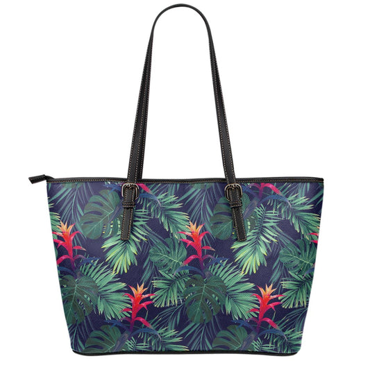 Hawaiian Palm Leaves Pattern Print Leather Tote Bag