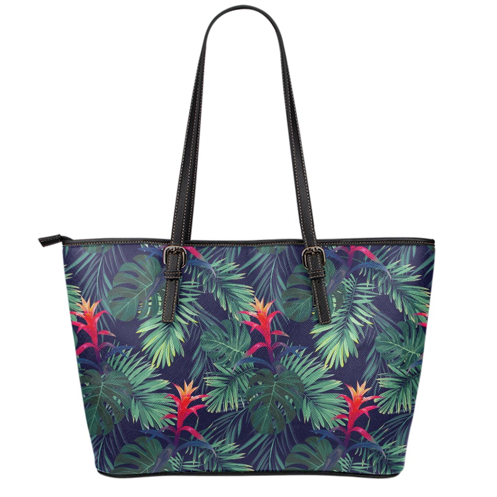 Hawaiian Palm Leaves Pattern Print Leather Tote Bag