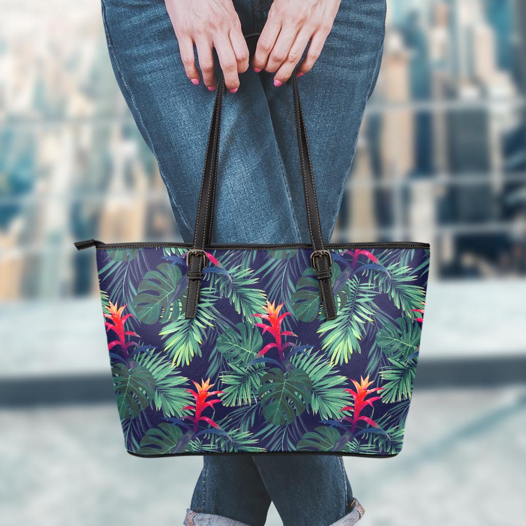 Hawaiian Palm Leaves Pattern Print Leather Tote Bag