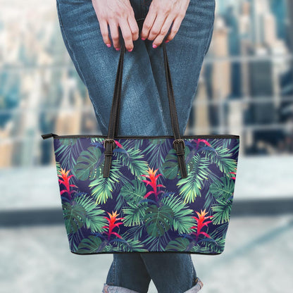 Hawaiian Palm Leaves Pattern Print Leather Tote Bag