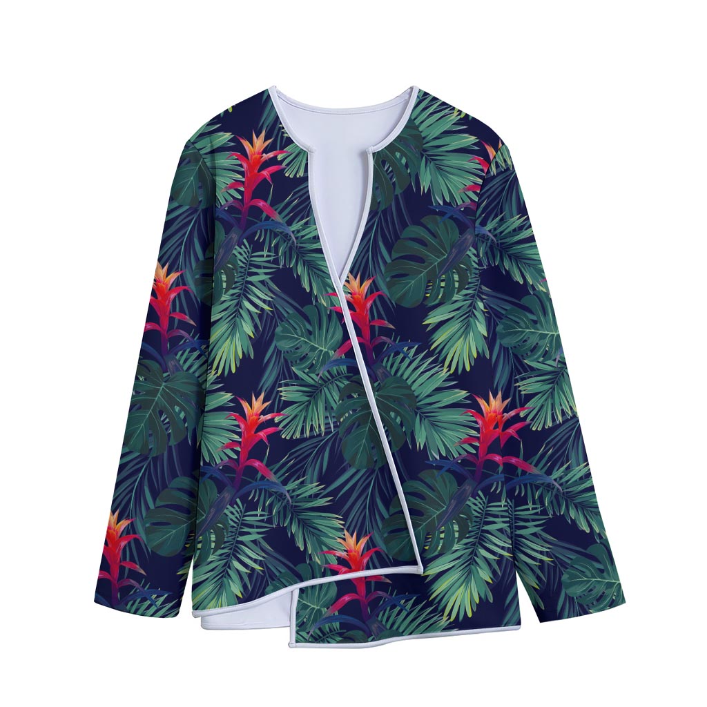 Hawaiian Palm Leaves Pattern Print Long Sleeve Short Coat