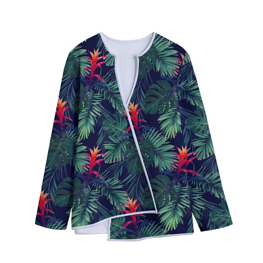 Hawaiian Palm Leaves Pattern Print Long Sleeve Short Coat
