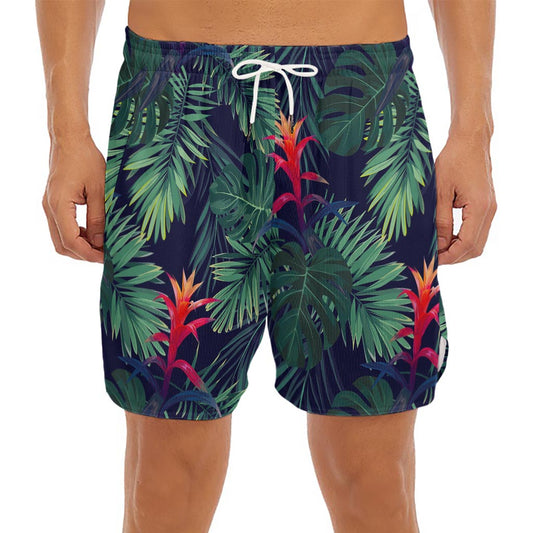 Hawaiian Palm Leaves Pattern Print Men's Split Running Shorts