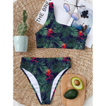 Hawaiian Palm Leaves Pattern Print One Shoulder Bikini Top