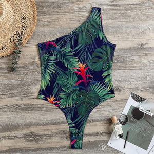 Hawaiian Palm Leaves Pattern Print One Shoulder Bodysuit