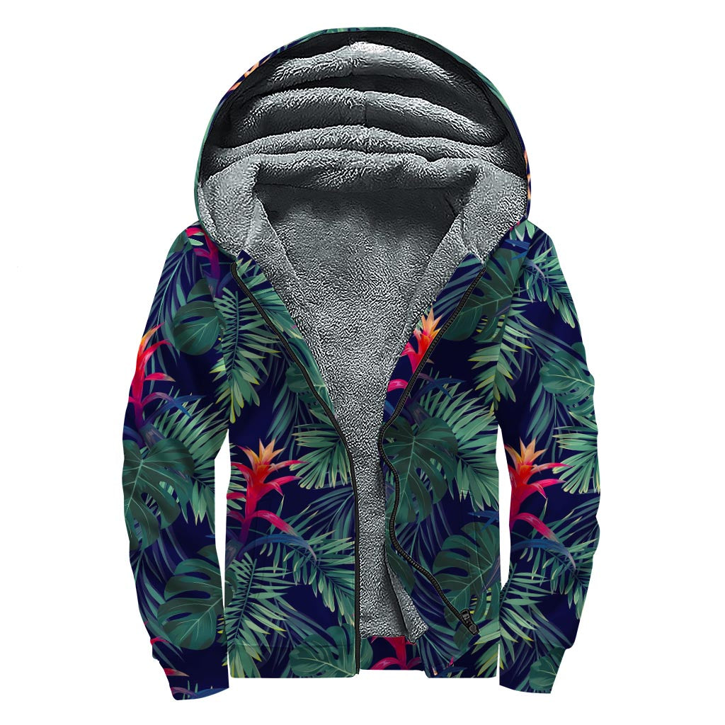 Hawaiian Palm Leaves Pattern Print Sherpa Lined Zip Up Hoodie