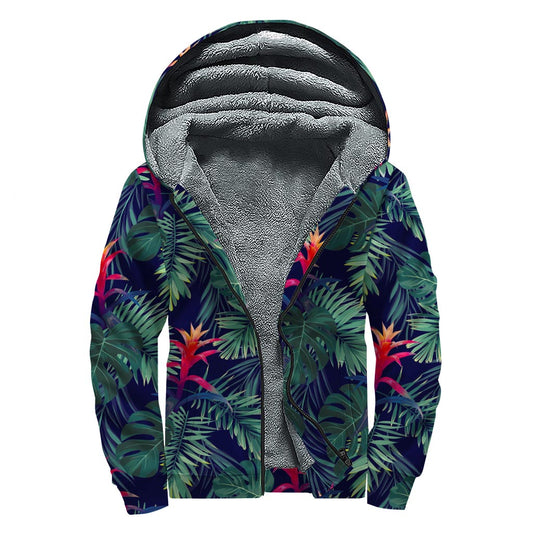 Hawaiian Palm Leaves Pattern Print Sherpa Lined Zip Up Hoodie