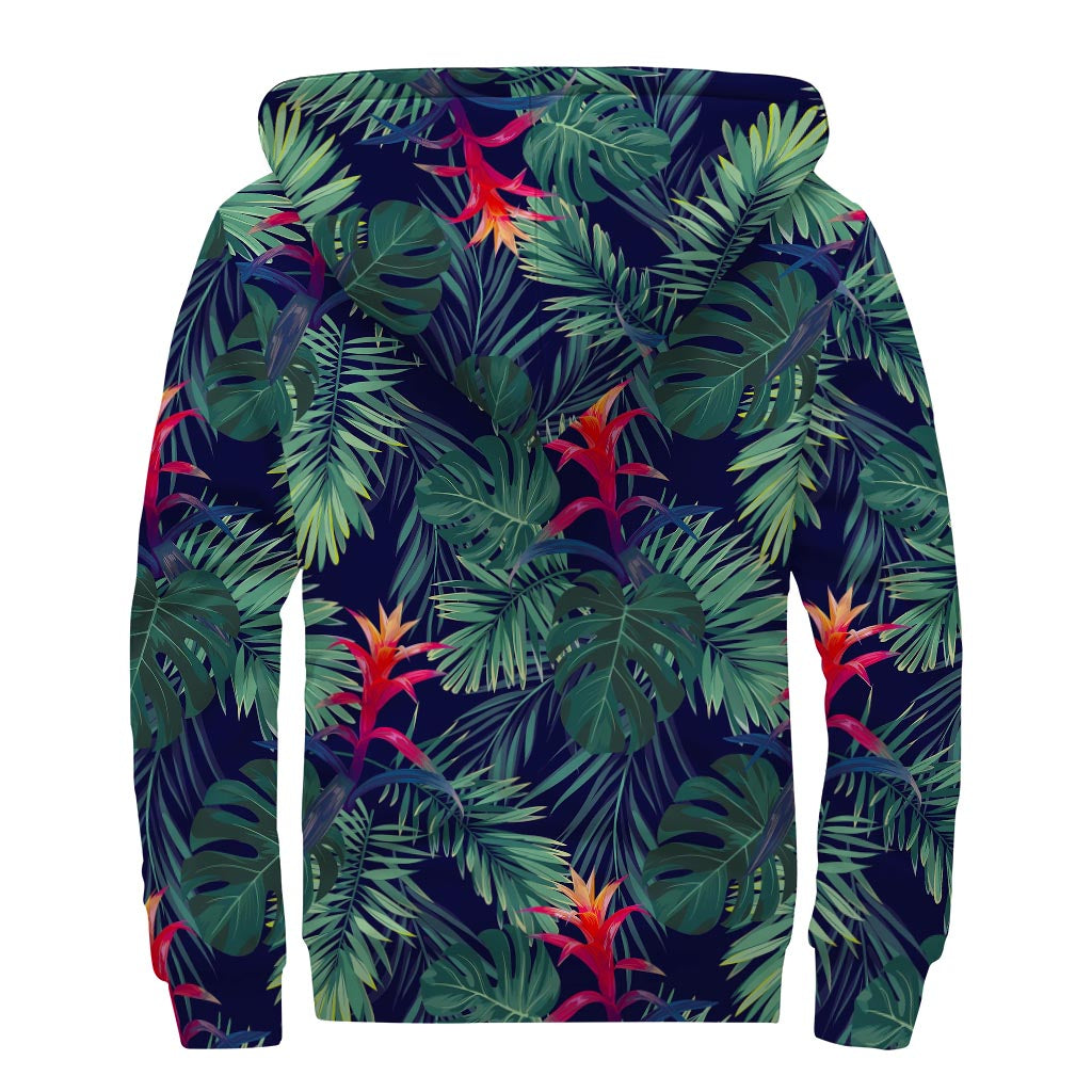 Hawaiian Palm Leaves Pattern Print Sherpa Lined Zip Up Hoodie