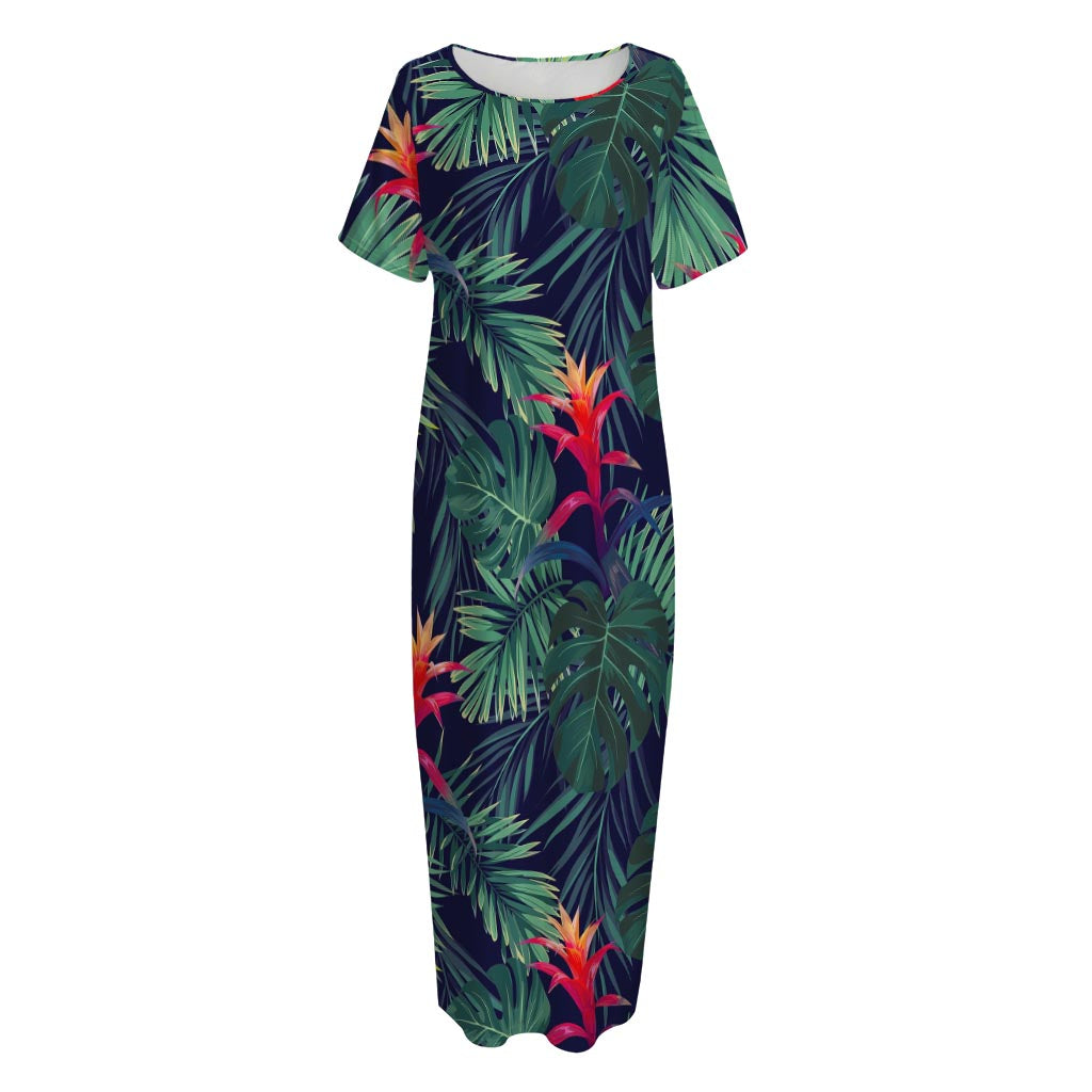 Hawaiian Palm Leaves Pattern Print Short Sleeve Long Nightdress
