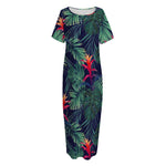 Hawaiian Palm Leaves Pattern Print Short Sleeve Long Nightdress