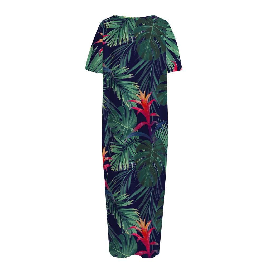 Hawaiian Palm Leaves Pattern Print Short Sleeve Long Nightdress