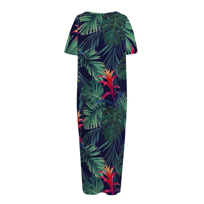 Hawaiian Palm Leaves Pattern Print Short Sleeve Long Nightdress