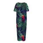 Hawaiian Palm Leaves Pattern Print Short Sleeve Long Nightdress