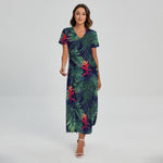 Hawaiian Palm Leaves Pattern Print Short Sleeve Maxi Dress