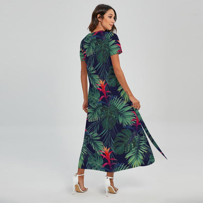 Hawaiian Palm Leaves Pattern Print Short Sleeve Maxi Dress