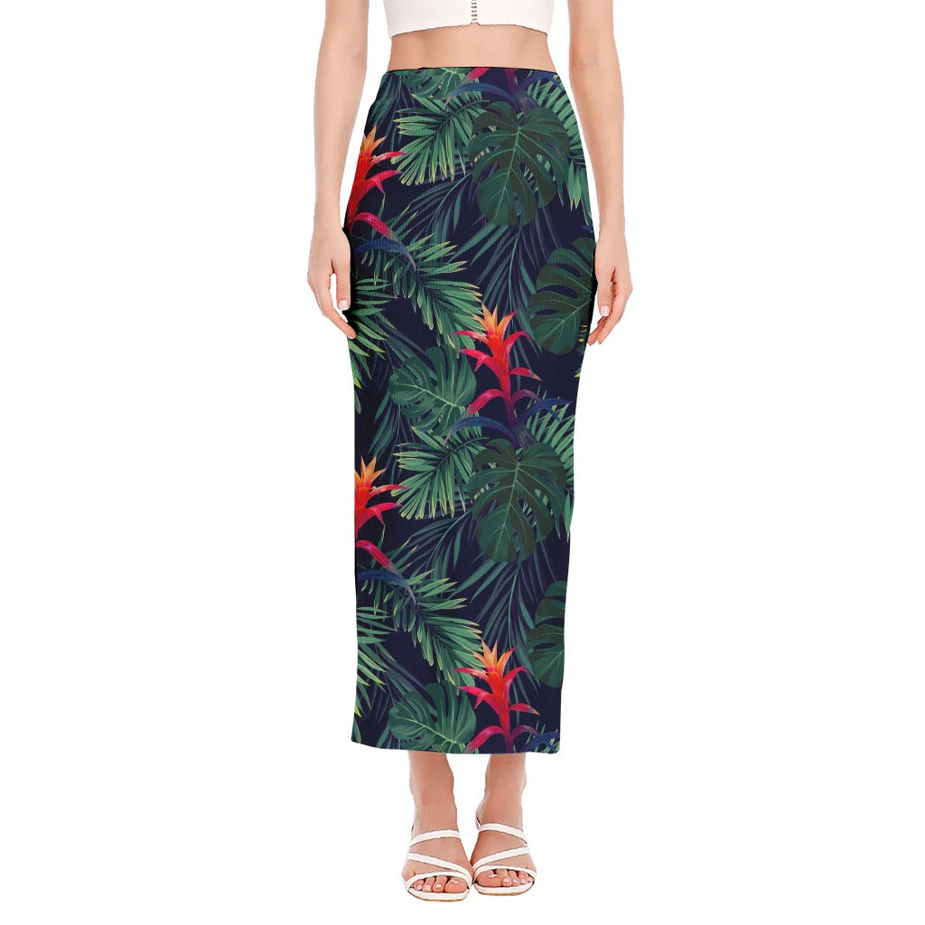 Hawaiian Palm Leaves Pattern Print Side Slit Maxi Skirt