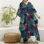 Hawaiian Palm Leaves Pattern Print Silk V-Neck Kaftan Dress